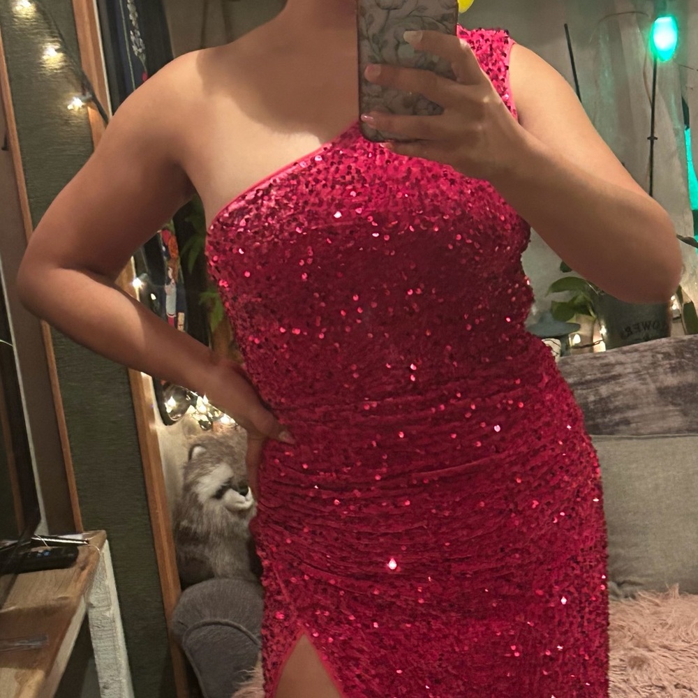 Red Sequin High-Slit Evening Gown